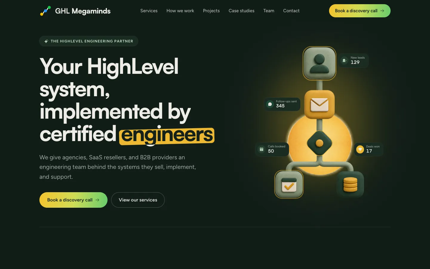 GHL Megaminds homepage hero with animated workflow