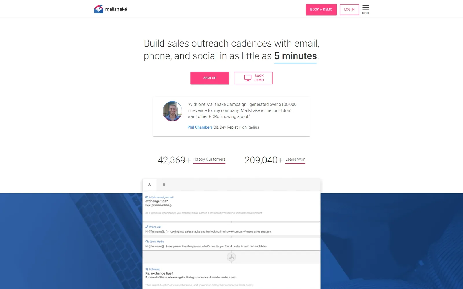 Redesigned Mailshake homepage hero