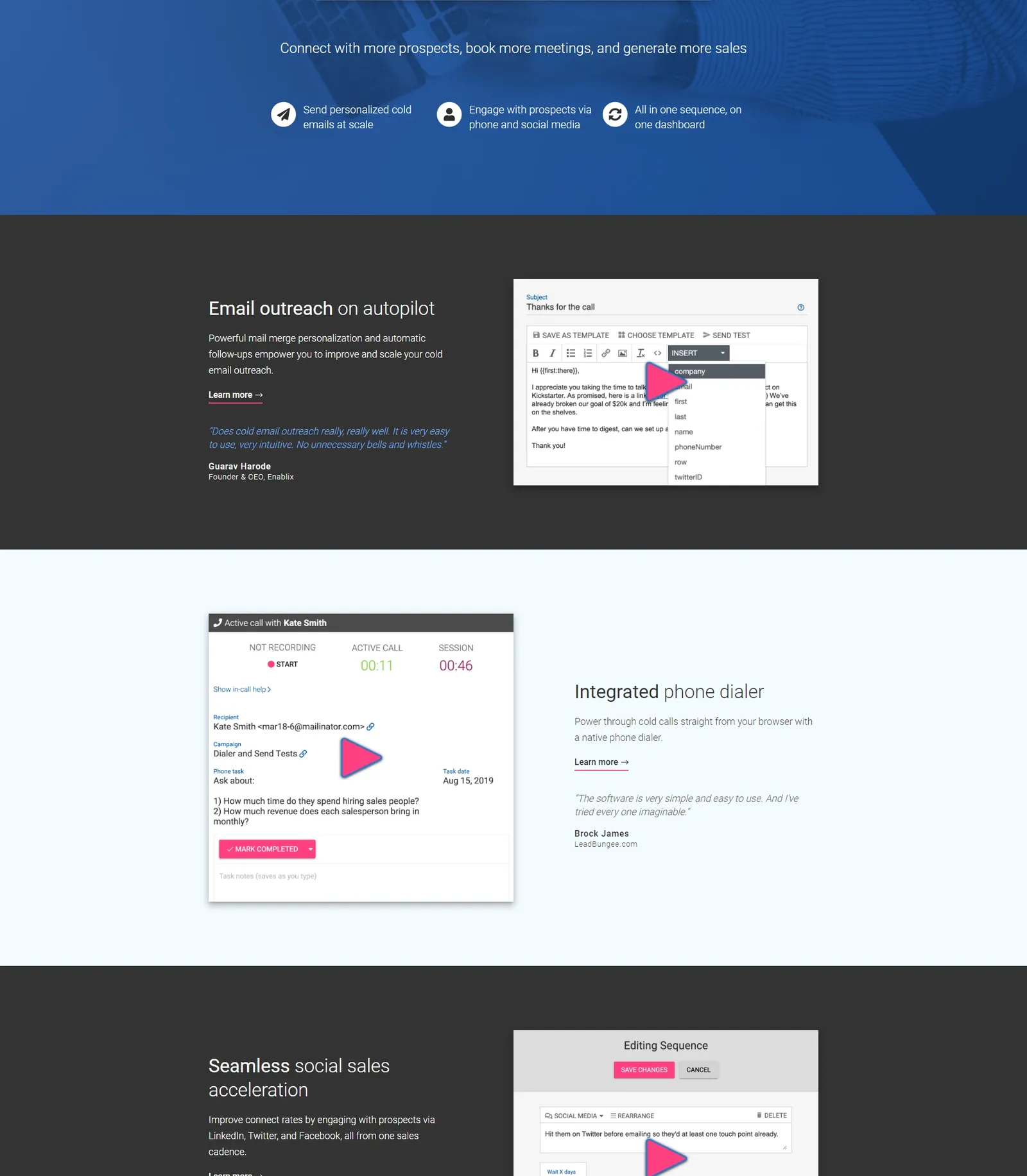 Redesigned Mailshake homepage features