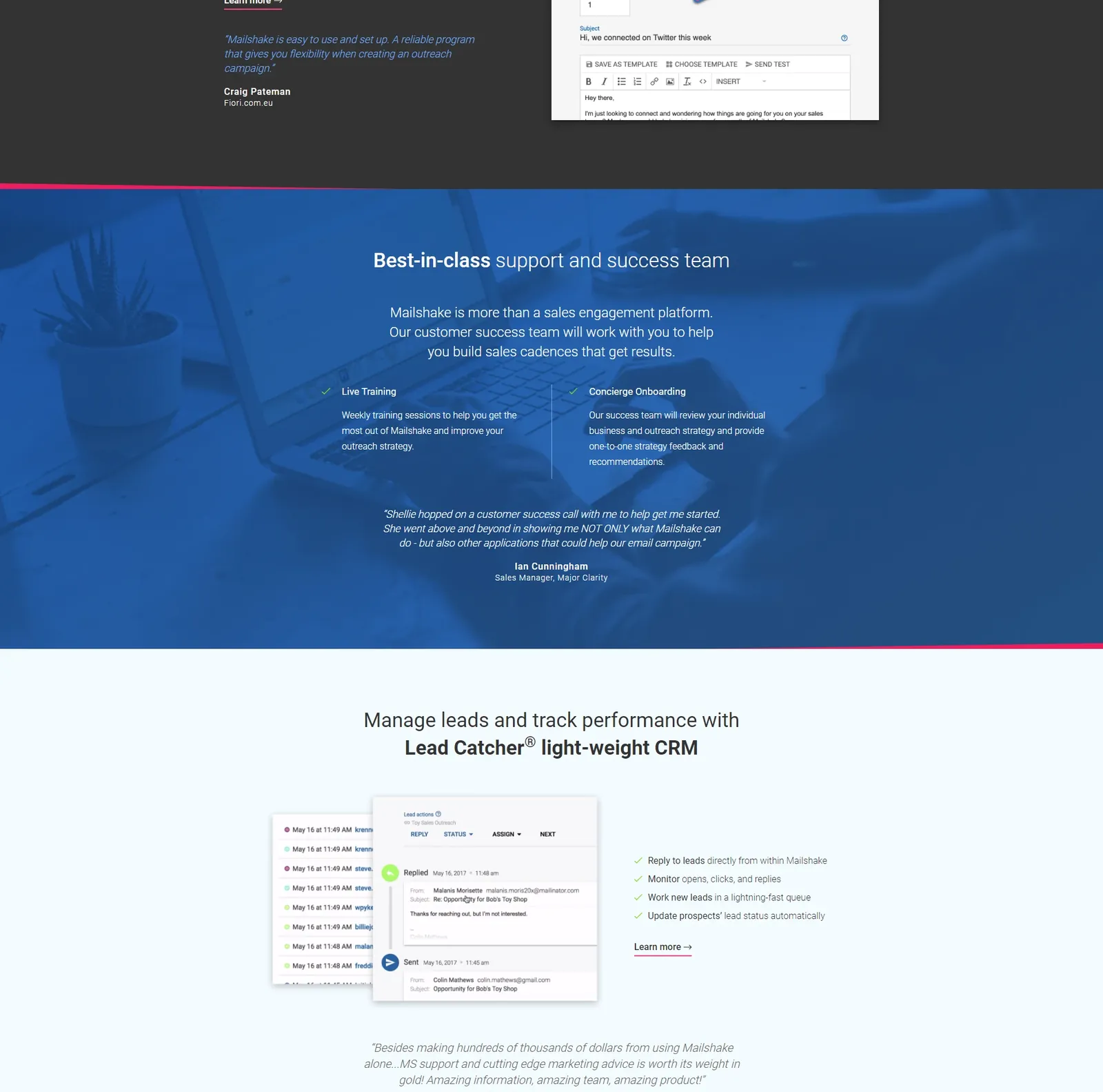 Redesigned Mailshake homepage middle sections