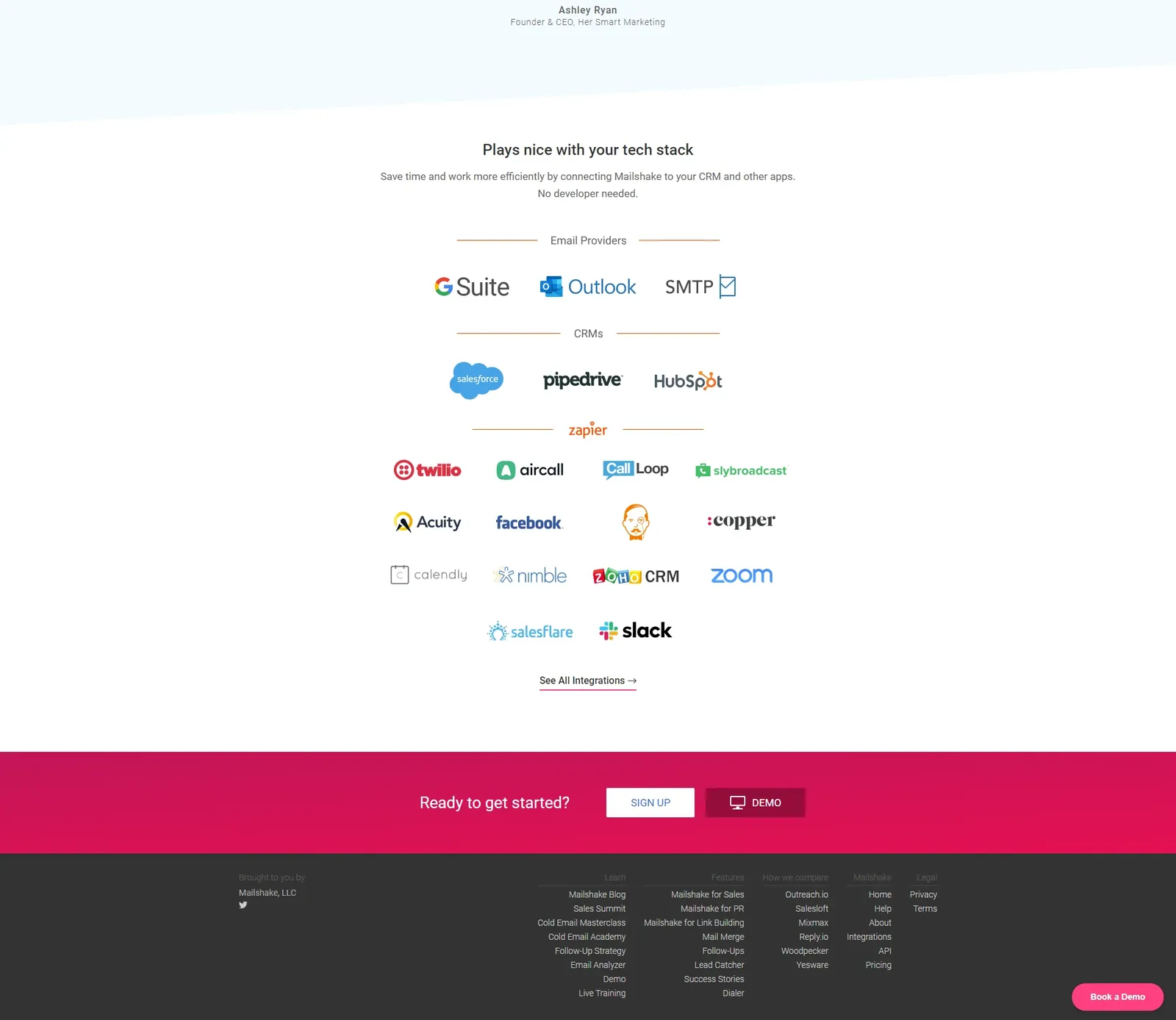 Redesigned Mailshake homepage closing sections