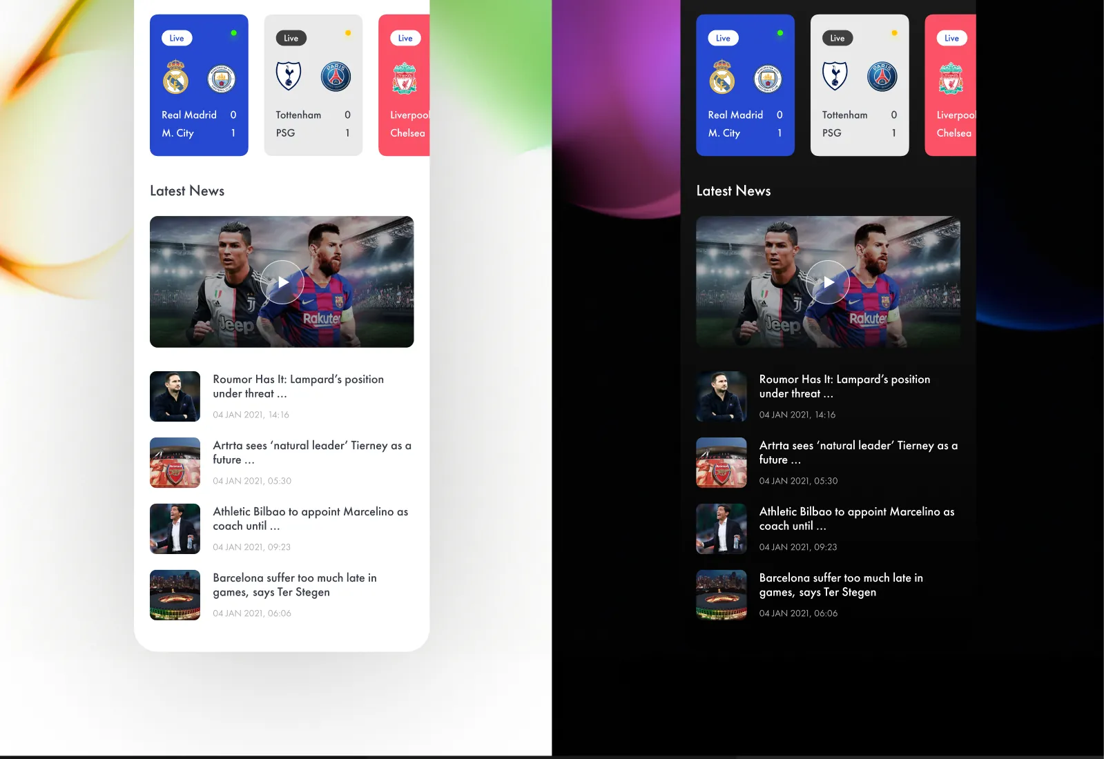 Sport 2 home screen in light and dark