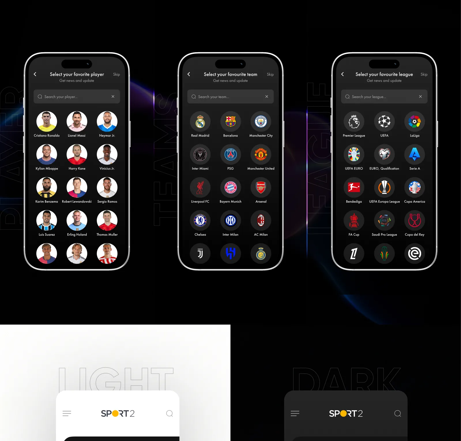 Sport 2 onboarding and favourite team screens